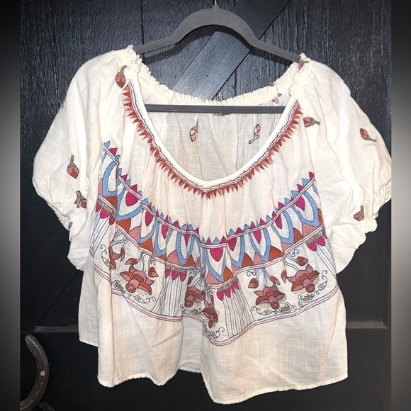 Free People Wind In Her Hair Boho Embroidered Cotton Beachy Peasant Top Sz S - Picture 2 of 9